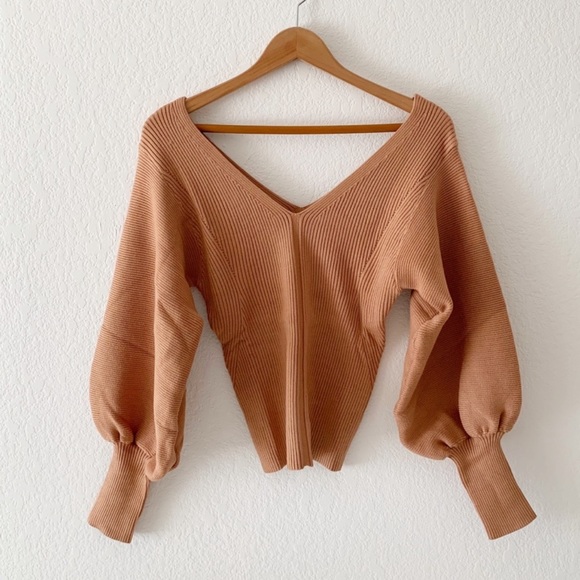 V-Neck Balloon Sleeve Rib Sweater - Picture 2 of 11